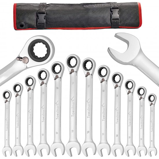 Towallmark 12-Piece Reversible Ratcheting Combination Wrench Set, Metric,8mm-19mm