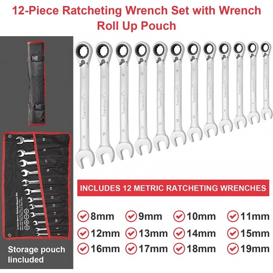 Towallmark 12-Piece Reversible Ratcheting Combination Wrench Set, Metric,8mm-19mm